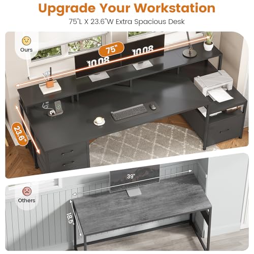 Image of SEDETA 75'' Computer Desk with 5 Drawer, Power Outlet & Led Lights, Home Office Desk with File Drawer, Storage Shelves, Printer Cabinet and Monitor Shelf, 23.6 inch W Large Desktop Gaming Desk, Black