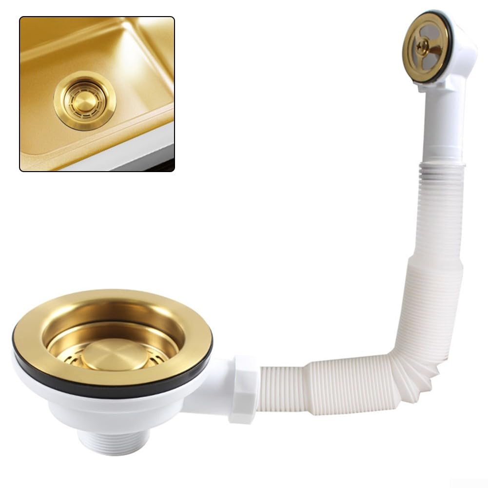 Feegow Colador de desagüe para fregadero de cocina con acabado dorado, 114 mm, chapado en oro, con desbordamiento, antiobstrucción