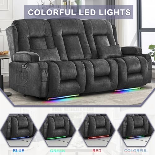 Image of URRED Power Loveseat Recliner Sofa with Massage and Heat, Wall Hugger Reclining Loveseat with Console, RV Couch Home Theater Seating with LED Lights for Living Room (Dark Grey, 76.8 inch - 3 Seats)