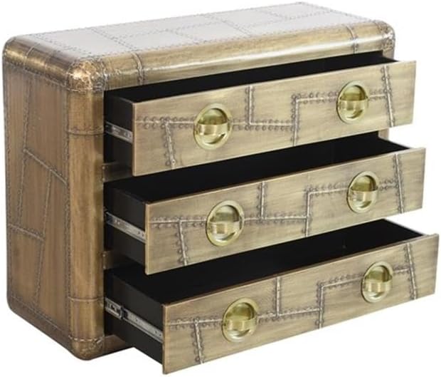 Pemberly Row 3-Drawer Solid Wood and Aluminum Chest, Brass Finish, Stain-Resistant Storage for Bedroom, Hallway Console or Accent Use, Aviation-Inspired Design with Rounded Corners and Smooth Drawer