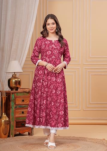 Image of MEERA FAB Women's Cotton Printed Anarkali Kurta with Palazzo & Dupatta Set