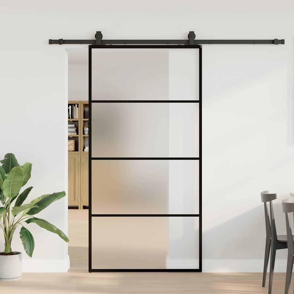 Porta scorrevole con guarnizioni nere, vetro ESG satinato, 102,5 x 205 cm, porta interna con telaio in alluminio, salvaspazio, per camera da letto, cucina, corridoio, robusta e scorrevole