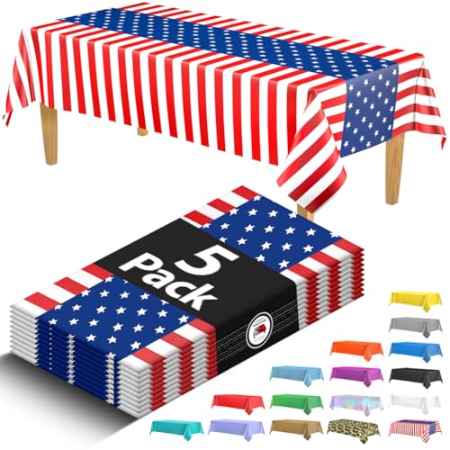 5 Pack Premium USA Flag Plastic Tablecloth - 108 x 54 in. July 4th Disposable Rectangle Plastic Table Cloth - Decorative Rectangle Table Cover Smooth Tablecloth - Disposable Table Cloths For Parties
