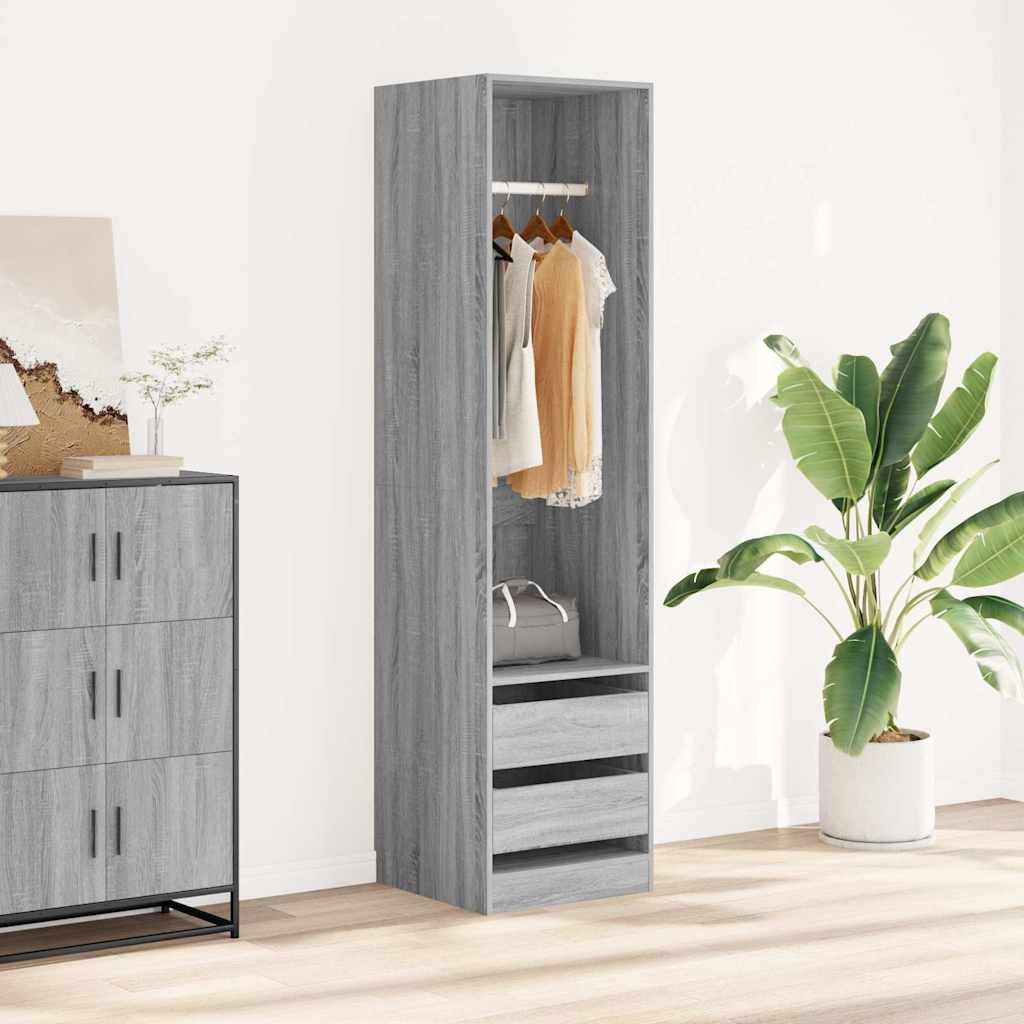 Szafa na ubrania Sonoma szara z 2 szufladami i drążkiem na ubrania 50 x 50 x 200 cm, garderoba z materiału drewnopochodnego do sypialni, korytarza, pokoju dziecięcego, organizer, system