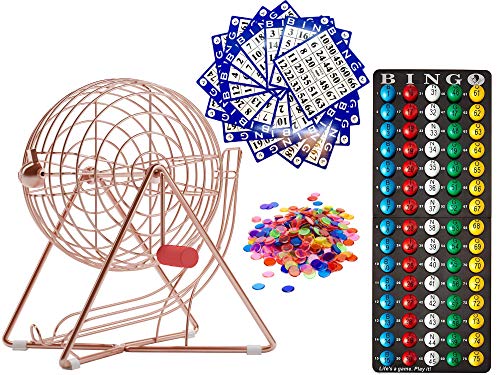 MR CHIPS 11 Inch Tall Professional Bingo Set with Steel Bingo Cage, Everlasting 7/8” Bingo Balls, 18 Bingo Cards and 300 Bingo Chips - Rose Gold