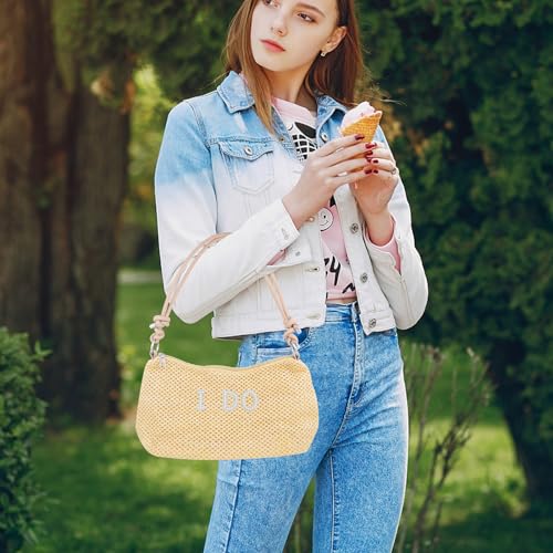 Image of 1pcs Straw Shoulder Bag Handmade Woven Mesh Hobo Tote Bag Summer Beach Casual Straw-woven Shoulder Handbag and 26 Letters Pearl Iron-on Patches for Women Swimming Pool Accessories
