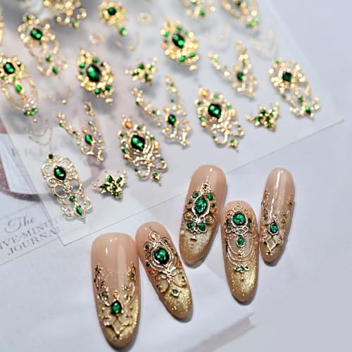 Gold Nail Art Stickers 5D Embossed Green Gem Nail Stickers Luxury Self-Adhesive Golden Frame Baroque Nail Decals Vintage Emerald Nails Sticker for Women Girls Nail Supplies 1 Sheet