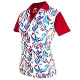Monterey Club Women's Fountain Floral Print Block Polo Shirt #2346 (White/Red, X-Large)