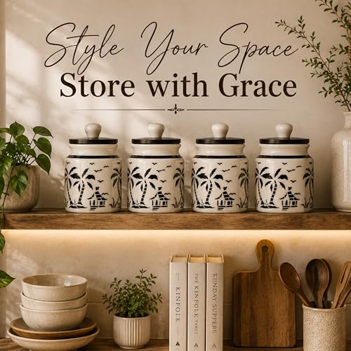 Image of Ceramic Kitchen Jars for Storage | Air Tight Containers with Wooden Lids | Masala, Salt, Pickle, Dry Fruits & Multi Utility Items Organiser Set (Hand-Painted, Black Hut, 450 ML, Pack of 4)