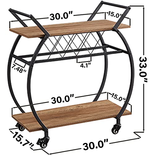 Lvb Bar Cart With Wine Rack, 2 Tier Kitchen Cart On Wheels, Modern Wood And Metal Portable Coffee Cart Table For Home, Utility Industrial Mobile Serving Cart With Storage Shelf, Rustic Oak #TOP3