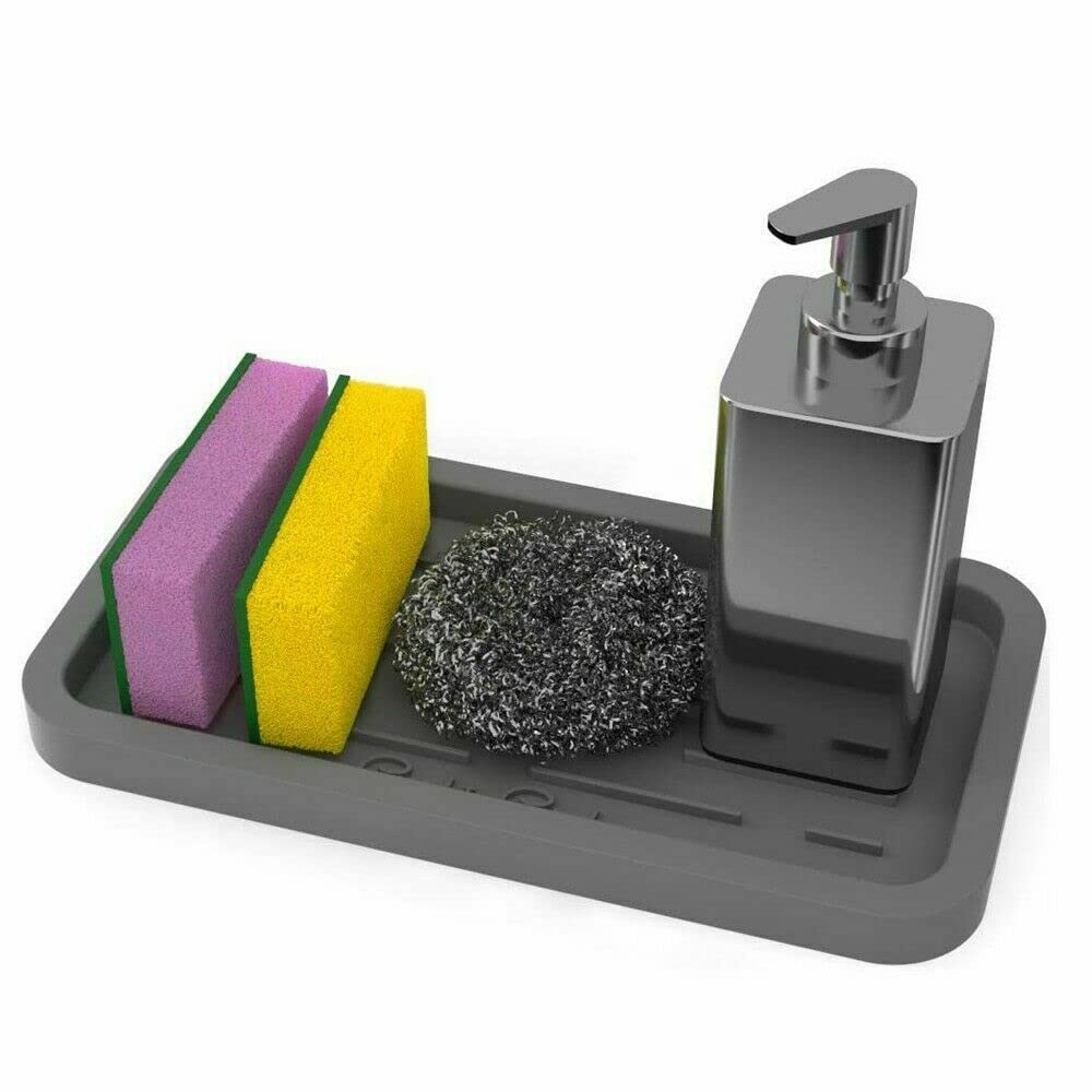 ATEK Silicone Organiser Tray, Non-Slip Kitchen Sink Tray, Soap and Sponge Holder for Kitchen Sink Trays, Silicone Kitchens Drying Mat for Dish Brush, Soap Dispenser, Dishwashing Accessories (Grey)