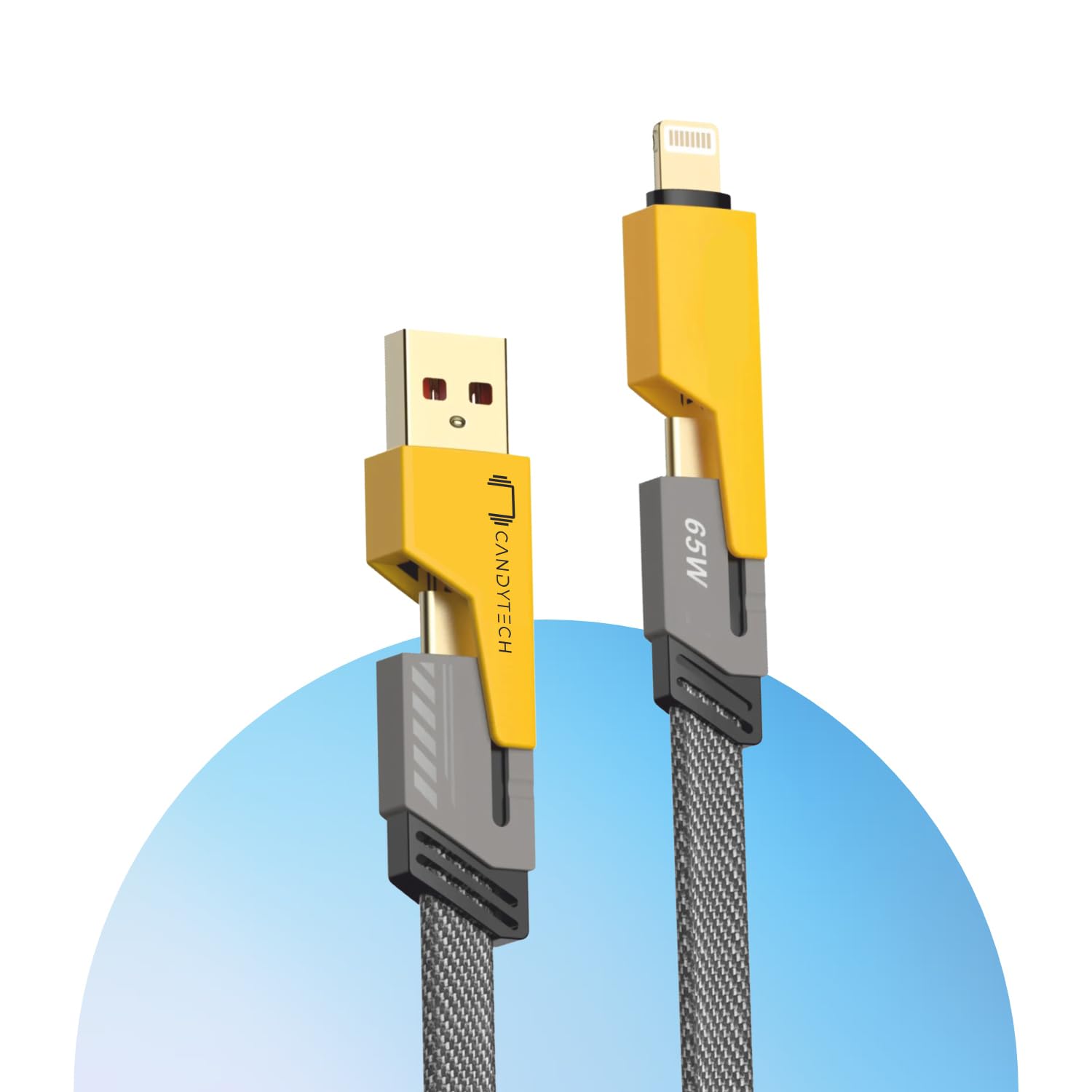 Candytech DCS65 65W 4 in 1 Multi Function Braided Fast Charging Cable with Lightning to USB-C, Type C-C, Ligthning to USB, Grade Durability, Compatible for iPhone, Samsung, Oneplus Series & More