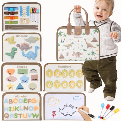 Image of hahaland Montessori Busy Board for Toddlers Boy Toys Birthday Gift - Travel Toys - Dinosaur, Alphabet, Number, Shape, Drawing, Life Skills