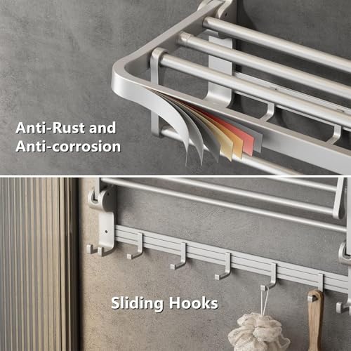 Image of Towel Holder in Bathroom Towel Hanger for Wall Bathroom Towel Rack with Towel Bar and Hooks 60cm Foldable Towel Rod Wall Mounted Lavatory Towel Stand Silver Finish