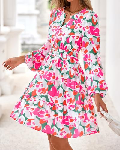BTFBM Fall Dresses for Women 2026 Mini Long Sleeve Elastic Waist Summer Vacation Outfits Floral Wedding Guest Dress(Green Pink Flower, XX-Large) — view 2