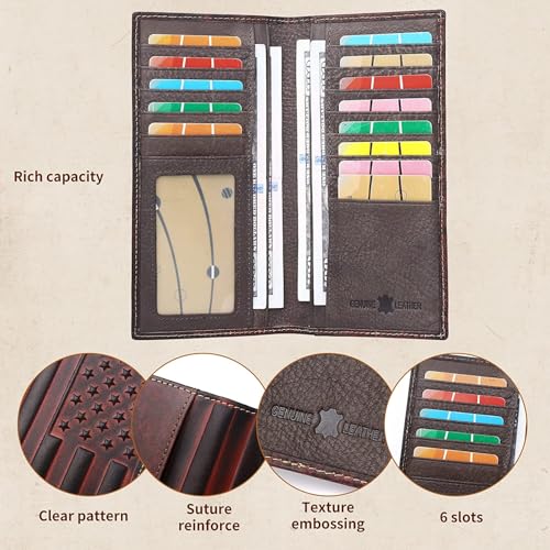 American Flag Design Full Grain Leather Wallets for Men,Long Bifold Wallets for Men,Mens Genuine Leather Checkbook Wallets with Gift Box (Wine red)3