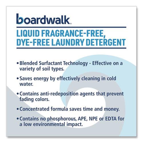 Boardwalk Liquid Fragrance-Free, Dye-Free Laundry Detergent, 4-pack (1) Gallon Bottles, Unscented, No Pphosphorous, APE, NPE or EDTA, Low Environmental Impact, Made in the USA