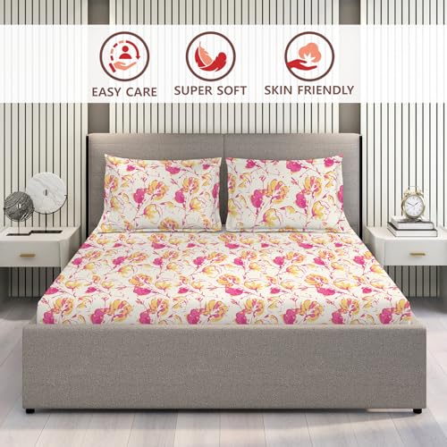 Image of Layers 100% Cotton Bedsheet for King Size Bed | Lumina Floret Collection | 144 TC Soft & Breathable | Printed with 2 Pillow Covers | Wrinkle Free & Colorfast | 3 Piece Bedding Set - Beige