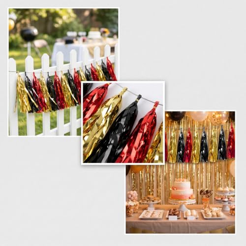 Image of 4P Black-Red Gold Foil Fringe Metallic Tassel Garland, Tassels Banner Streamers for Parade Floats, Bachelorette, Wedding, Birthday, Halloween, Christmas, Bridal /Baby Shower Party Decorations