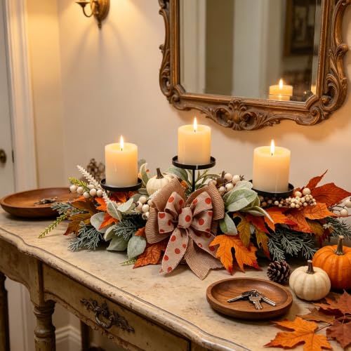 Image of Fall Pumpkin Wreath Candle Holder Centerpiece Thanksgiving Decoration Autumn Wreaths