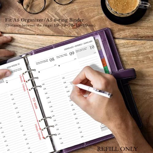 2026 Wochenplaner Einlage A5 6 Löcher, Vertikal, 1 Woche 2 Seiten mit Tabs, Notizen, Kontakt, Jan.26-Dez.26, 100GSM Dickes Papier, Nachfüllpapier für Kalender 2026 Planer(Mehrsprachig)
