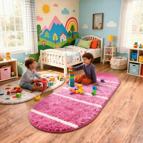 Image of Vasrug Luxury Soft Shaggy Bedside Ovel Rug - Geometric Design | Plush High-Pile Bedroom Carpet, Pack of 1 Pic, 1.5x4 Feet, (AA8)