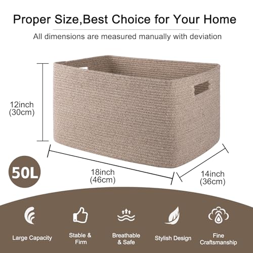 Image of OIAHOMY Cotton Rope Basket Rectangle Blanket Basket living Room Brown