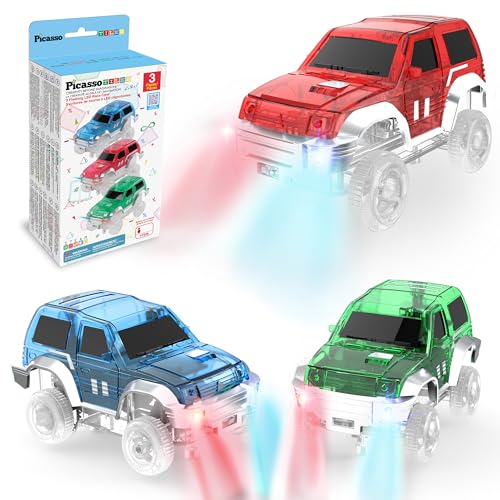 PicassoTiles 3 Magnetic Toy Cars Set Light Up LED Highly Detailed Compatible with Magnet Car Race Track STEM Truck Replacement Accessories Educational...