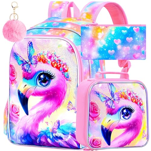 Image of 16 inch Flamingo Backpack for Girls, 3Pcs School Bookbag Set with Lunch Box, Kids Backpacks for Elementary Preschool Kindergarten (Rainbow)