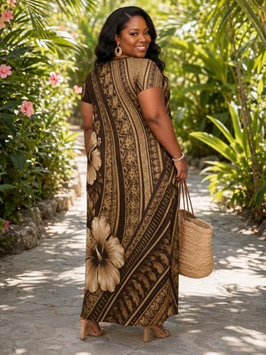 Image of Plus Size Maxi Dress for Women Short Sleeve V Neck Casual Loose Sundress with Pockets