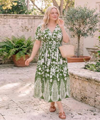 Image of CARCOS Plus Size Dresses for Curvy Women V Neck Summer Maxi Dress Short Sleeve Floral Boho Dress Smocked Waist Beach Dress