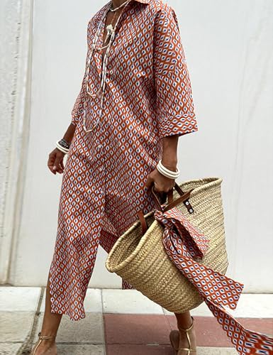 Image of MSBESYOR Women Button Down Striped Shirt Maxi Dress Casual Lapel 3 /4 Sleeve Belted Loose Vacation Long Dresses Orange