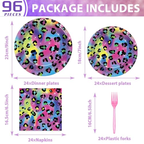 Image of 96Pcs Neon Rainbow Leopard Birthday Party Supplies Cheetah Party Plates and Napkins Neon Rainbow Leopard Party Disposable Tableware Decorations for Neon Baby Shower Party Favors for 24 Guests