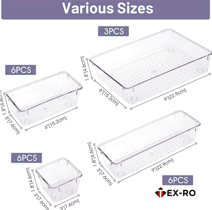 TEX-RO Drawer Organizer Tray/Multi-Purpose Drawers Organisers/Dressing Table Organiser & Make up Organiser/Perfect for Cosmetics, Jewelry, Kitchen and Bathroom (21 pcs, Transparent) - Image 4