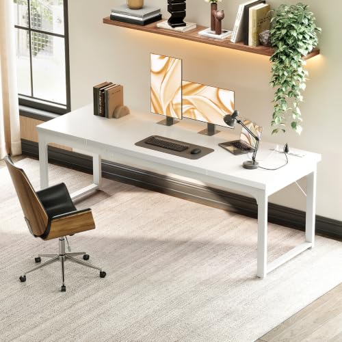 Image of Coleshome 71 Inch Long Computer Desk with Power Outlet, Thicker Desktop & Legs, Large Heavy Duty Office Desk for Home Office & Gaming, White