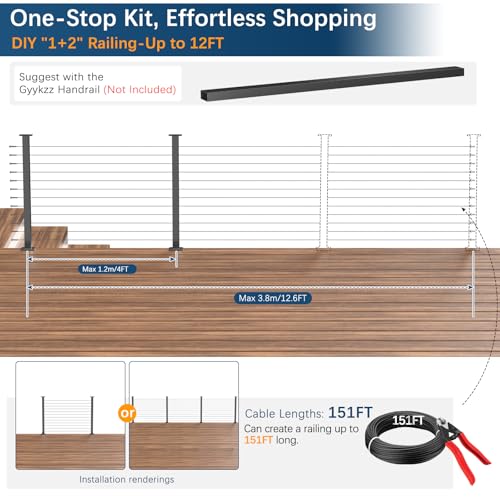 Image of 2 Pack Swageless One-Stop Cable Railing Post Kits 42 inch, Stainless Steel T304 Deck Railing System with Swageless Tensioner, Upgraded Black Powder Coated Level Drilled Post Kits with DIY Length