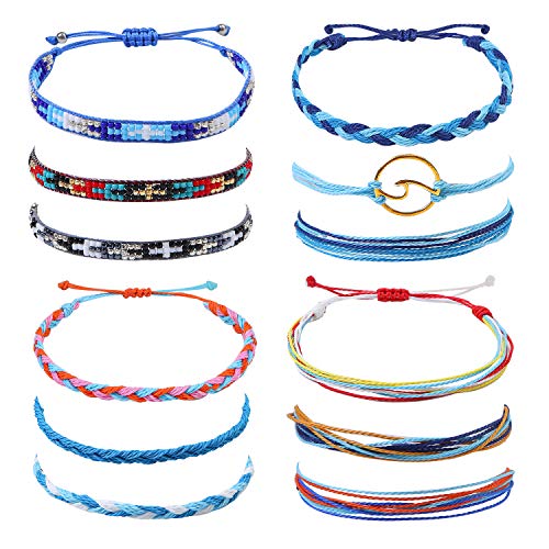 Elcoho 12 Pieces Wave Strand Bracelet Set Braided Rope Bracelet Set Handmade Bohemian Adjustable Friendship Bracelet for Women Men Kids (Color 3)