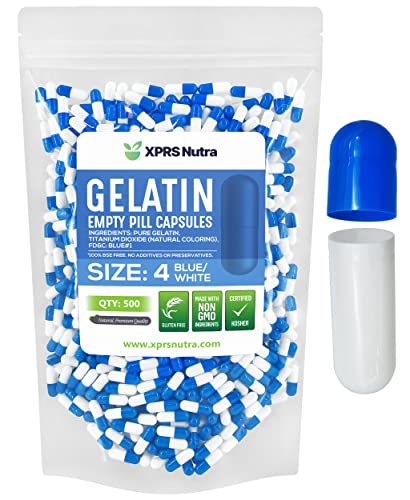 Image of XPRS Nutra Size 4 Empty Capsules - 500 Count Small Empty Gelatin Capsules - Pills DIY Capsule Filling - Fillable Pure Bovine Pill Gel Caps for Do-It-Yourself Supplements (Blue /White)