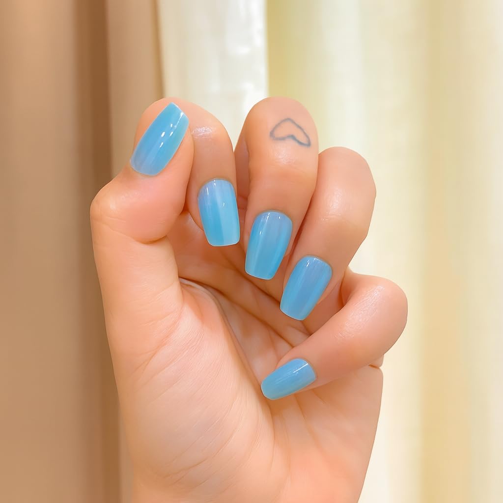 24 Pcs Reusable Artificial Nails Fake Nails with Glue and Kit|Bluebell Bliss Mirror Shine Press On Nails for Women | Short Square Shape | UV Protected Premium ABS | Long Lasting & Reusable | Salon fresh look