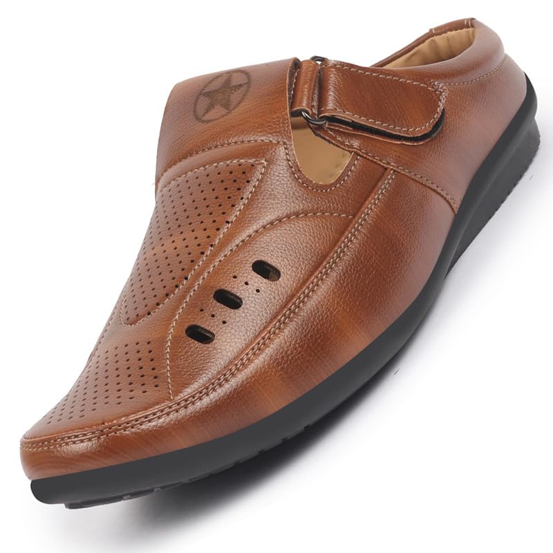 Image of FAUSTO Men's Back Open Perforated Breathable Casual Sandal With Cushioned Footbed|Adujstable Strap Stitched Slip On Sandal For Work|Evening