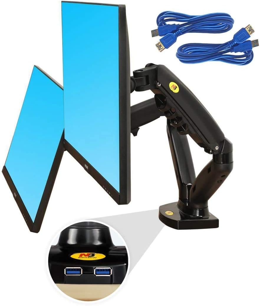 Ergosolid NB F160 Dual Monitor Mount with monitors in portrait mode and USB cables