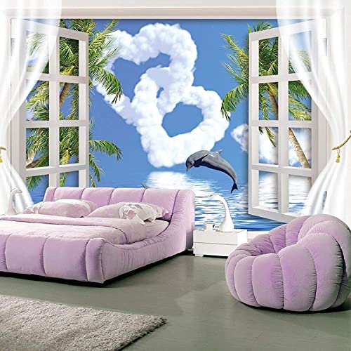 Fuera de la ventana cielo azul nubes de amor saltando delfín papel tapiz sin costuras sala de estar Fondo no tejido Pared Pintado Papel tapiz 3D Decoración dormitorio sala sofá mural-430cm×300cm