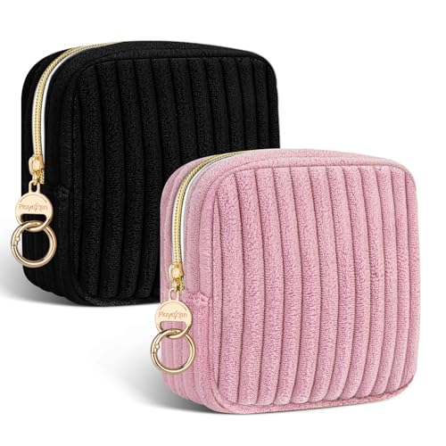 2pcs Neceser Compresas Bolsa de Almacenamiento de Fleece para Compresas Algodon Tampones Bolso Menstrual de Servilletas Sanitarias Mini Bolsa Portátil para Mujers Adolescent Niñas(Negro&Rosa)