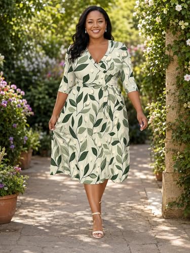 Image of PinkPatty Women's Plus Size Maxi Dress Print 3 /4 Sleeves V Neck Party Sundress Wedding Guest Dresses