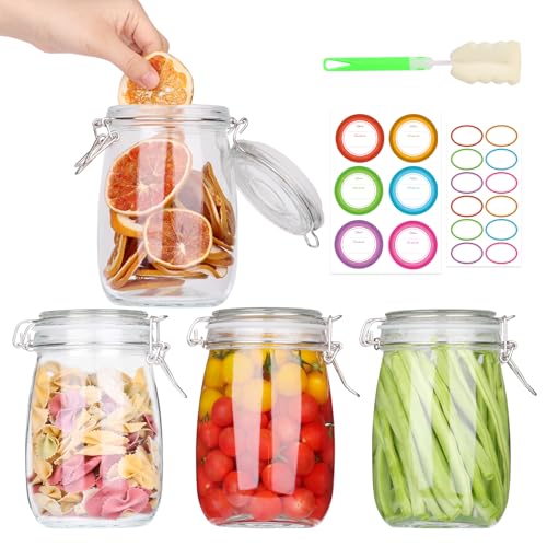 AuroTrends 32oz Glass Jars with Airtight Lid 4Pack, 960ML Large Kitchen Canisters with Leakproof Clamp Lids for Food, Flour, Pasta, Candy, Dog Treats, Snacks