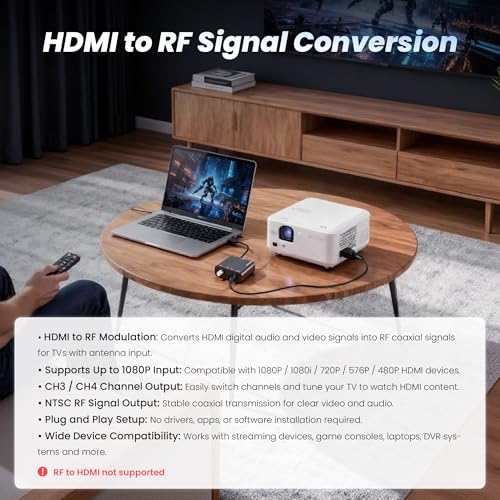 image for [Upgrade]kurtmark HDMI to RF Modulator with 1.2M HDMI Cable & Power Ad