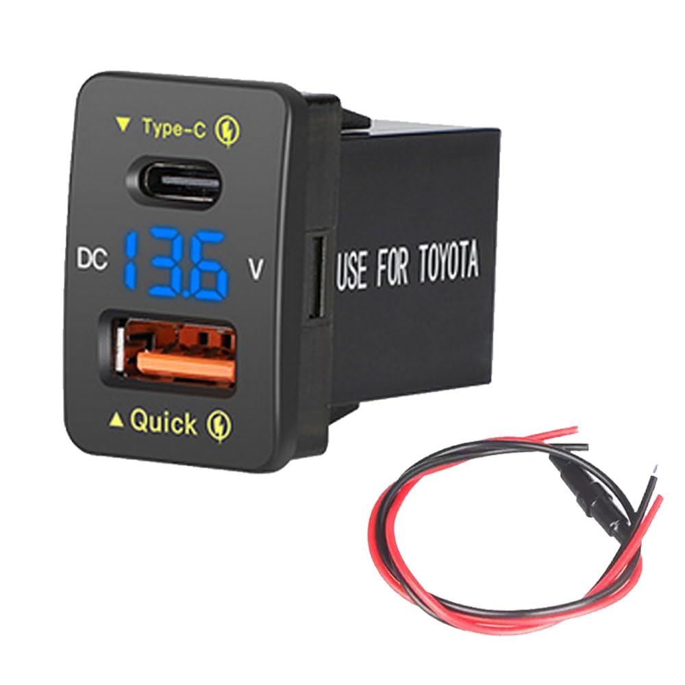 48w 12v usb car charger socket 33mm*23mm pd fast charging adapter voltmeter compatible with toyota type c pd fast charger voltage display (blue)