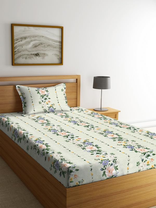 Image of la' amour 240 TC Cotton Fitted Single Bedsheet with 1 Pillow Cover | Elastic Bed Sheet | Soft Breathable Skin-Friendly Fabric | All Season Comfort | 36 x 72 + 6 Inches Autumn Foliage