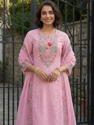 Image of INDO ERA Women's Pure Cotton Floral Embroidered Straight Calf Length Kurta with Pant & Dupatta Set (IERAI10721)