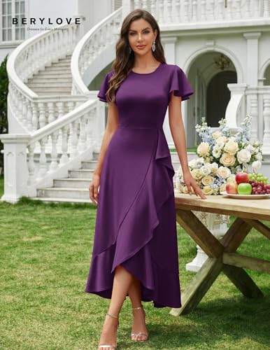 Image of BeryLove Women Formal Party Dress Flutter Short Sleeve Wedding Cocktail Long Evening Dress
